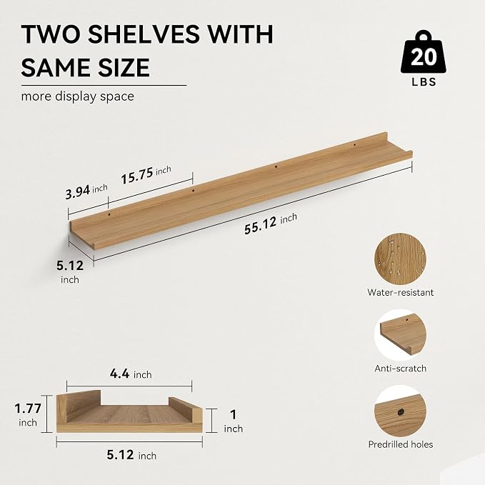 Boswillon 55.1 Inches Long Floating Shelves, 2 Set Rustic Wall Shelf for Bedroom, Nursery Book Shelf with Lip, Picture Ledge Shelf for Living Room, Bathroom, Kitchen - Oak