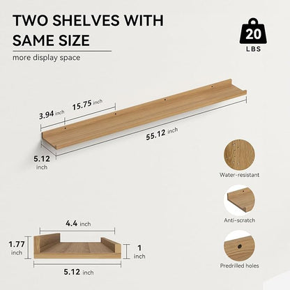 Boswillon 55.1 Inches Long Floating Shelves, 2 Set Rustic Wall Shelf for Bedroom, Nursery Book Shelf with Lip, Picture Ledge Shelf for Living Room, Bathroom, Kitchen - Oak