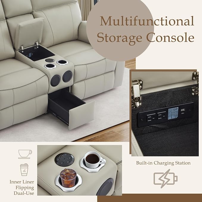 Power Reclining Sofa Set with LED Reading Light/Storage Drawer, Power Loveseat Recliner Sofa, Reclining Loveseat with Bluetooth Speakers/Outlets/Breathing Leather (Grey, Sofa+Loveseat)