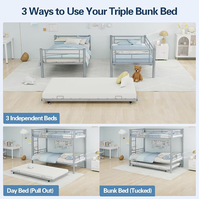 Metal Bunk Bed with Trundle, Space-Saving Bunk Bed Twin Over Twin with Ladders and Safety Guardrail, Heavy Duty Twin Bed Frames, No Box Spring Needed and Noise Free(Silver)