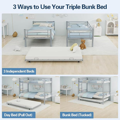 Metal Bunk Bed with Trundle, Space-Saving Bunk Bed Twin Over Twin with Ladders and Safety Guardrail, Heavy Duty Twin Bed Frames, No Box Spring Needed and Noise Free(Silver)