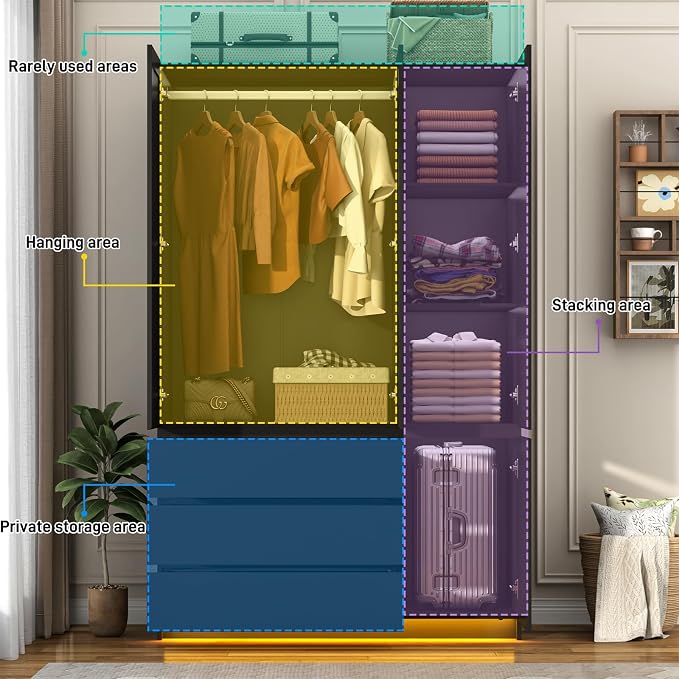 75"H Tall Modern 3 Doors Wooden Armoire Wardrobe Closet with 3 Drawers & 2 Mirror,Clothing Storage Cabinet with Hanging Rod,Bedroom Large Freestanding Armoires with Led Lights for Bedroom,Black