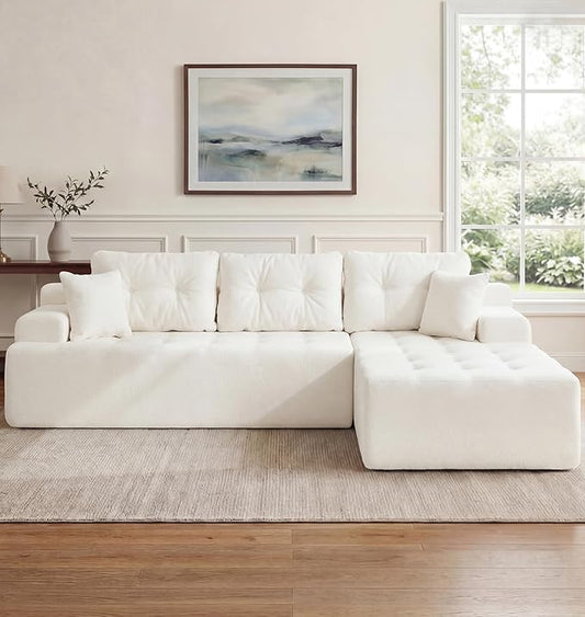 Hobestluk Modular Sectional Sofa Couches L-Shape Couch 3 Seat Modular Sofa Memory Foam Sectional Couches for Living Room, Cloud Couch with Oversized Chaise (White Tufted, 108", Right Hand Facing)