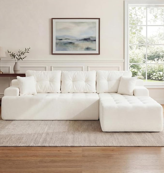 Hobestluk Modular Sectional Sofa Couches L-Shape Couch 3 Seat Modular Sofa Memory Foam Sectional Couches for Living Room, Cloud Couch with Oversized Chaise (White Tufted, 96", Right Hand Facing)