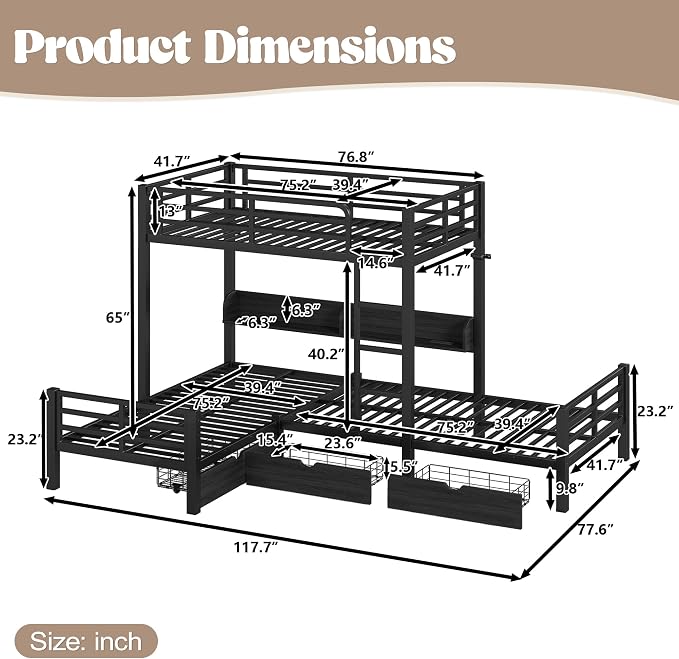 Bellemave L-Shape Triple Bunk Bed with 3 Storage Drawers and Shelves for 3,Metal Bunk Beds Twin Over Twin with Charging Station & LED Lights for Kids,Teens,Adults,Black