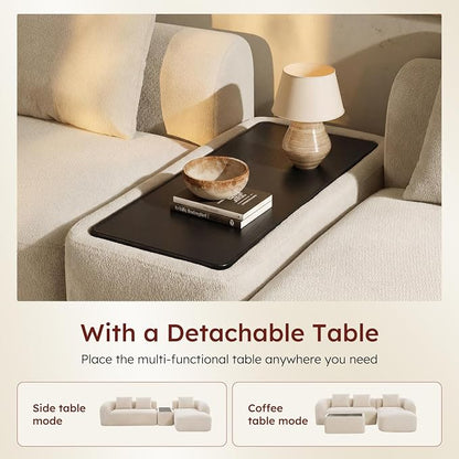 Relefree 136" Curved Sofa, Modular Sectional Sofa with Movable Coffee Table, Couches with Spring & High-Resilience Foam, Boneless Sofa for Living Room, Cloud Comfort, Oversized, Thick Backrest White