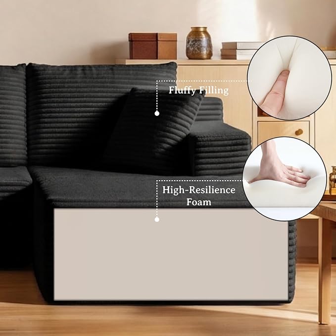 103" Modular Sectional Sofa, Comfort U Shaped Boneless Couch for Living Room, Extra Deep Seats No Assembly, Corduroy (Black, 3 Seater + 2 Ottomans）
