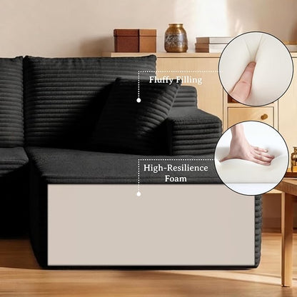103" Modular Sectional Sofa, Comfort U Shaped Boneless Couch for Living Room, Extra Deep Seats No Assembly, Corduroy (Black, 3 Seater + 2 Ottomans）