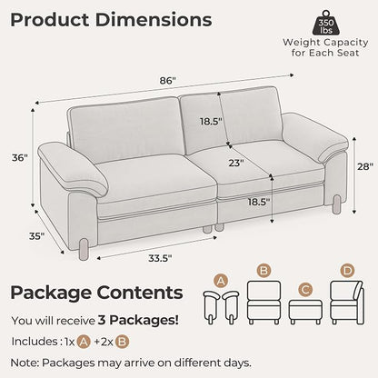 SITJOY Large Cloud Couch, 86" Wide 2 Seater Loveseat, Light Gray Chenille | Detachable and Washable Chenille Cover Sectional Sofas for Living Room, Deep Seat Wide Couch