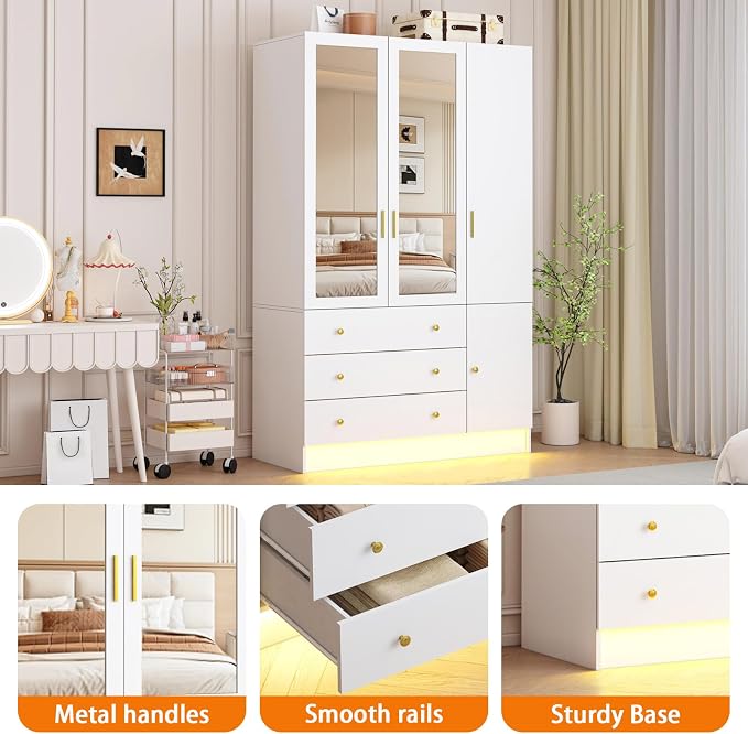 3 Doors Mirrored Wardrobe Armoire Closet with Drawers, LED Armoire Storage Cabinet with Adjustable Shelves & Hanging Rod, 74.8" H Freestanding Clothing Storage Cabinet for Bedroom, White