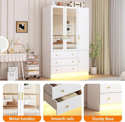 3 Doors Mirrored Wardrobe Armoire Closet with Drawers, LED Armoire Storage Cabinet with Adjustable Shelves & Hanging Rod, 74.8" H Freestanding Clothing Storage Cabinet for Bedroom, White