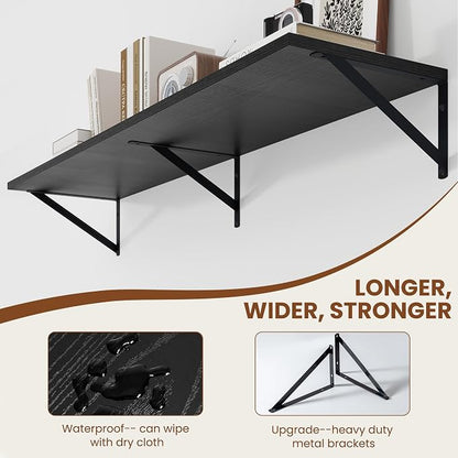 Heimlove Black Deep Floating Shelves for Wall, 44W x 12D Wood Wall Shelves Set of 2, Wide Floating Bookshelf for Living Room, Kitchen, Office, Bedroom and Decor Storage, with Metal Bracket - Black
