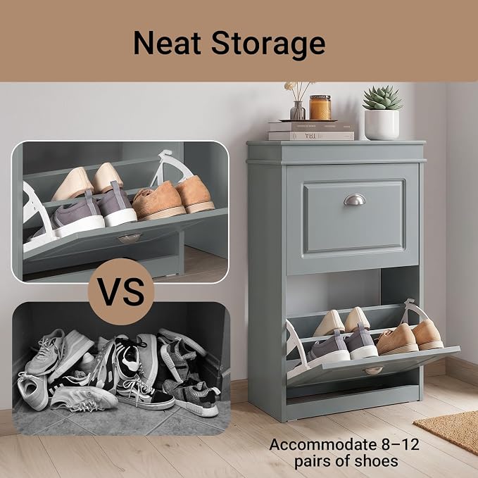 Haotian Small Shoe Cabinet, Grey 2 Flip Drawers Freestanding Shoe Rack, Shoe Storage Cupboard Organizer (9.45" D x 20.87" W x 32.28" H), FSR78-HG