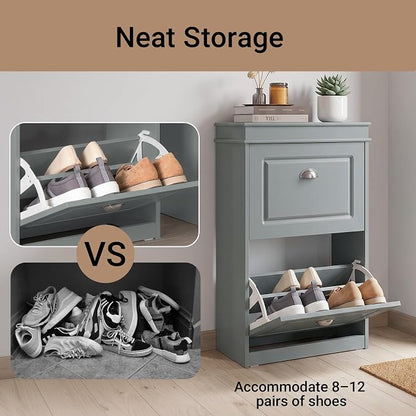 Haotian Small Shoe Cabinet, Grey 2 Flip Drawers Freestanding Shoe Rack, Shoe Storage Cupboard Organizer (9.45" D x 20.87" W x 32.28" H), FSR78-HG