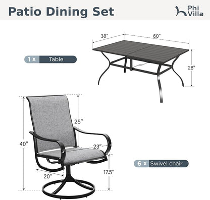 PHI VILLA Outdoor Dining Set for 6, Swivel Mesh Chairs & Metal Table, Grey | Includes 60'' rectangle table with umbrella hole and 6 breathable textilene chairs, designed for deck, backyard, garden