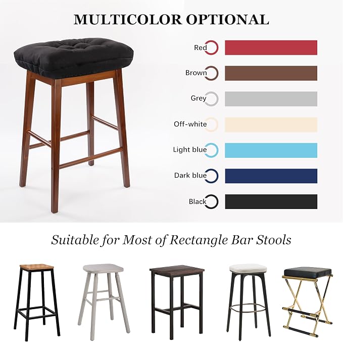 Rectangular Stool Cushion Set of 4, Soft Saddle Stool Cushions with Ties, Nonslip and Washable, Black, 18 x 10.5 x 4 Inch