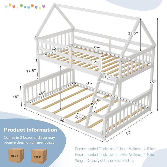 Giantex Wood Twin Over Full Bunk Bed, Solid Wood House Bed Frame Built in Ladder & Safety Guardrails, Convertible to 2 Beds, Floor Bunk Bed for Kids Teens Juniors, No Box Spring Needed, White