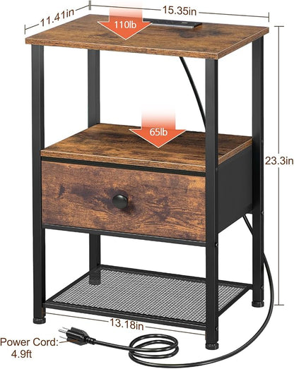 LOAKEKEL Night Stand Set 2, LED Nightstand with Charging Station, End Tables Living Room with Fabric Drawer for Small Spaces, Bed Side Tables with Storage Shelf for Bedroom, Brown, HETS01PBR