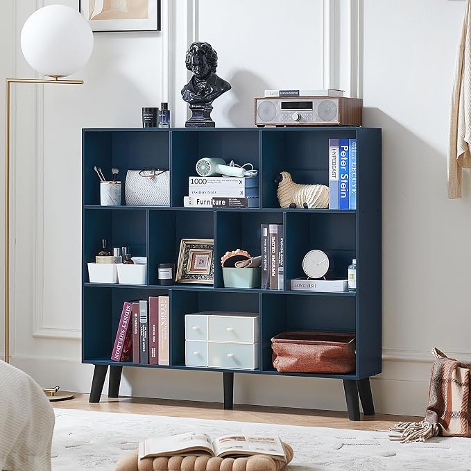 LEYAOYAO 10 Cube Bookshelf,3 Tier Modern Wide Bookcase with Legs,Mid-Century Wood Bookshelves Storage,Dark Blue Large Book Case,Freestanding Organizer Display Shelf for Bedroom,Living Room,Office