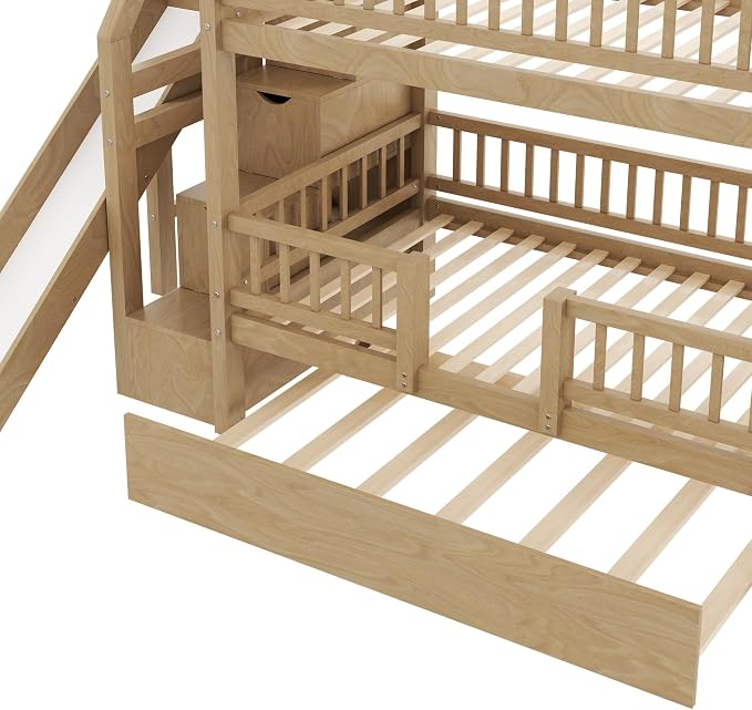 Twin Over Twin Bunk Bed with Storage Staircase, Slide and Trundle,for Kids Teens Adults Bedroom Use (Walnut-ST, Twin Over Twin)