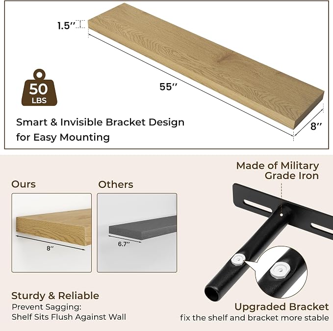 RICHFOCUS 55Inch Floating Shelves for Wall 1 Pack Shelves for Bedroom|Kitchen|Bathroom Wall Mounted Rustic Wood Floating Shelf with Invisible Brackets for Books|Storage|Decor, Oak