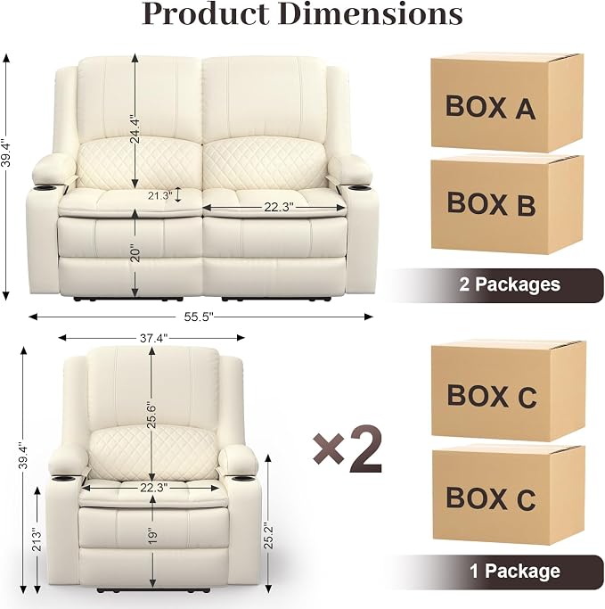 Yolsali Loveseat Recliner Sofa Set with 2-Tier Cushion, 2+1 Pieces in Living Room, 2 Seater Reclining Loveseat Leather with Removable Console, 1 Oversize Recliner Chair Sofa Seat - White PU