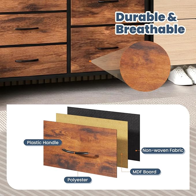 DUMOS TV Stand for Bedroom with 5 Drawers, Storage Chest of Drawers | Fabric Storage Organizers Units with Metal Frame for Books, Hallway, Rust