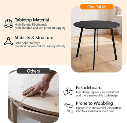 VINGLI Round Dining Table for 2-4, 35in Modern Dining Room Table with Metal Base, Black Wooden Kitchen Table, Space-Saving, Small Space Circle Dinette for Home, Kitchen, Apartment