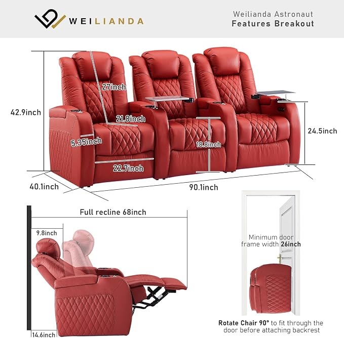 Weilianda Home Theater Seating Top Grain Leather Zero Gravity Recliner Chair Power Headrest Recline Movie Seat Gaming 7 Colors Mood Light Sofa with Tray Table USB Charge Row of 3 Red