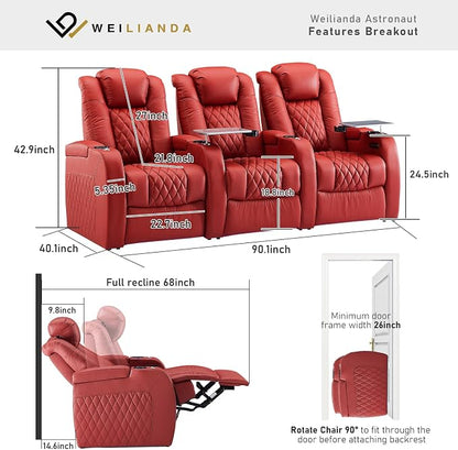 Weilianda Home Theater Seating Top Grain Leather Zero Gravity Recliner Chair Power Headrest Recline Movie Seat Gaming 7 Colors Mood Light Sofa with Tray Table USB Charge Row of 3 Red