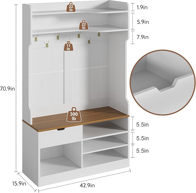 Hall Tree with Bench and Shoe Storage, White | 5-in-1 Entryway Hall Tree with Coat Rack, Hidden Drawer, 7 Coat Hooks, 3-Tier Shoe Storage for Hallway and Mudroom