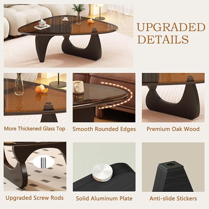 Coffee Table for Living Room Mid Century Modern Center Small Table with Glass Top and Wood, Black Brown(36 Inch)