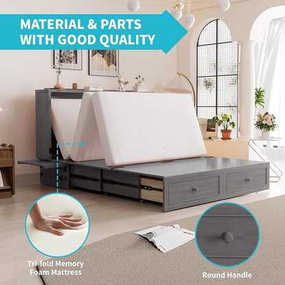 CECER Slate Grey Murphy Bed Cabinet with Mattress, Space-Saving Folding Bed