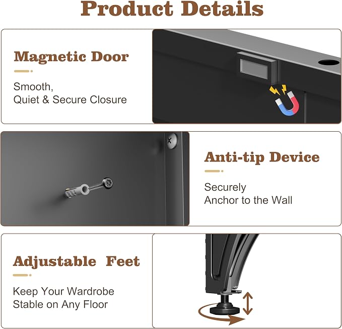 71" Arched Black Metal Wardrobe Closet with Full-Length Mirror, French Elegance Steel Armoire Clothes Storage Cabinet with Hanging Rod & Adjustable Shelves for Bedroom Home Office, 18" Deep