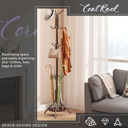 Coat Rack Freestanding,Entryway Hanger Stand,Umbrella Holder,Hall Tree With 12 Hooks, Floor Standing Metal Tree Stand,brown