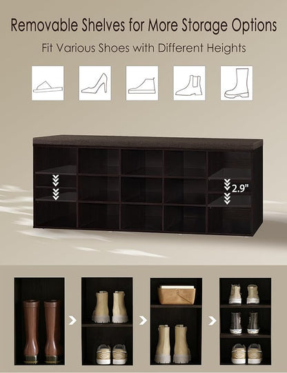 DINZI LVJ Shoe Storage Bench with Cushion, 15-Cubby Shoe Rack, Adjustable Shelves, Long Shoe Organizer Bench for Entryway, Mudroom, Hallway, Living Room, Bedroom and Garage, Espresso