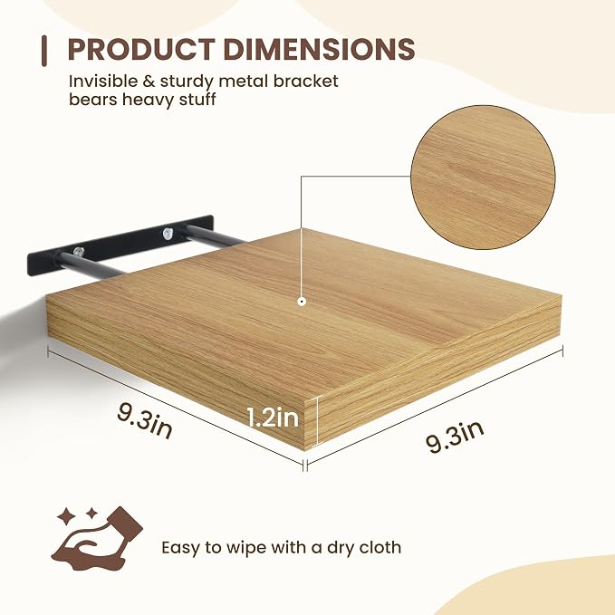 Fun Memories Square Floating Shelves for Wall - 9.3 Inch Deep Floating Shelves with Invisible Brackets, Oak Small Wall Shelf for Living Room, Bathroom, Bedroom, and Kitchen Decor Set of 4