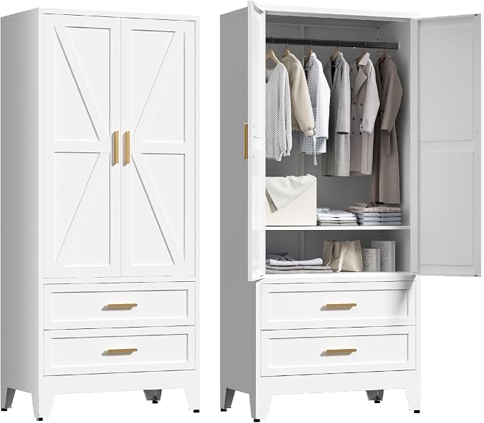Washsemba 71'' Farmhouse Metal Wardrobe Cabinet with Hanging Rod, 2 Barn Door Wardrobe Closet with Adjustable Shelves,2 Drawer,for Dining Room,Bedroom,Living Room, Cloak Room,Office (White)