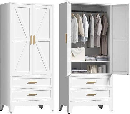 Washsemba 71'' Farmhouse Metal Wardrobe Cabinet with Hanging Rod, 2 Barn Door Wardrobe Closet with Adjustable Shelves,2 Drawer,for Dining Room,Bedroom,Living Room, Cloak Room,Office (White)