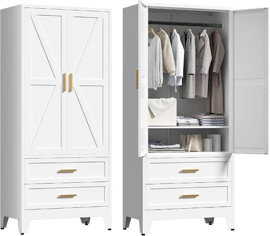 Washsemba 71'' Farmhouse Metal Wardrobe Cabinet with Hanging Rod, 2 Barn Door Wardrobe Closet with Adjustable Shelves,2 Drawer,for Dining Room,Bedroom,Living Room, Cloak Room,Office (White)