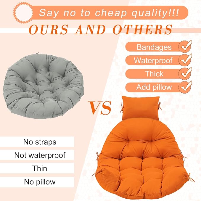 Tudomro Orange Waterproof Egg Chair Cushion with Pillow Filling 2.58 kg Replacement Rocking Wicker Chair Cushion 48" x 32" High Back Hanging Swing Hammock Pad Thicken for Outdoor Patio Garden