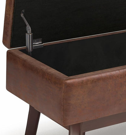 SIMPLIHOME Owen Small Rectangular Storage Ottoman - 36 inch Wide Upholstered Vegan Leather Lift-Top Ottoman in Distressed Saddle Brown, Mid-Century Modern Ottoman for Living Room with Tufted Detail