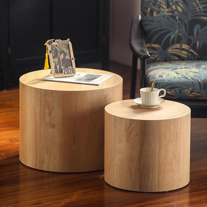 Nesting Round Coffee Table Set of 2, Accent End Table for Small Spaces, Morden Drum Side Table, Wooden Circle Center Table for Living Room, Fully Assembled - Light Oak