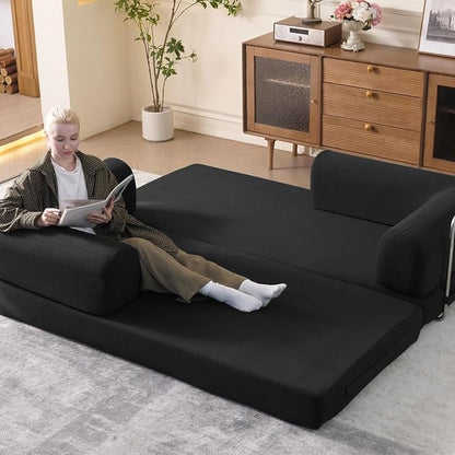 WHGBJA 79" Convertible Sleeper Sofa Bed with Cylindrical Pillow, Corduroy Folding Mattress Couch with Fixed-Shape Frame, Floor Sofa Lounge Couch for Living Room Bedroom Lounge Studio (Black)
