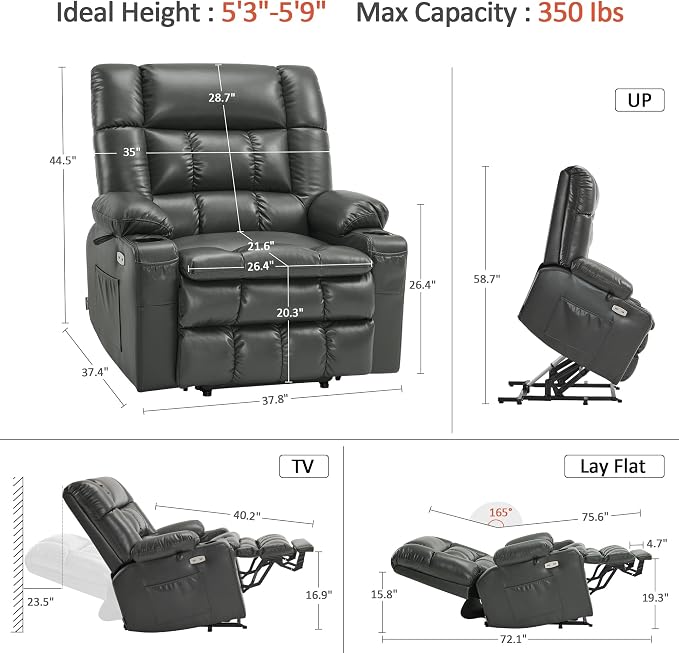 MCombo Extra Wide Dual Motor Power Lift Recliner Chair for Elderly, Zero Gravity Lift Chair with Heat and Massage, Infinite Position Recliners, USB Ports, Faux Leather R7897 (Grey, Medium-Wide)