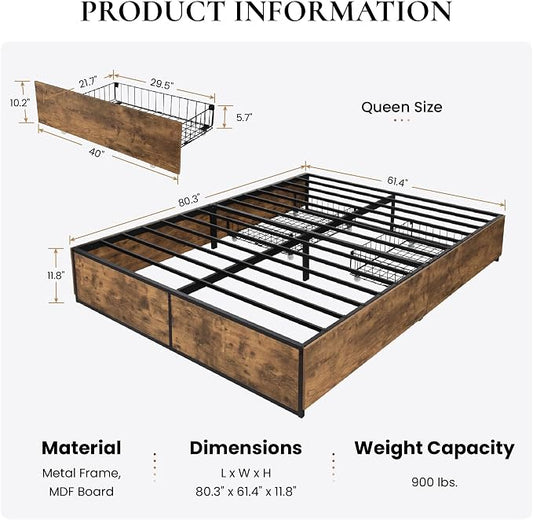 SHA CERLIN Queen Platform Bed Frame with 2 Large Storage Drawers, Rustic Wood and Metal, Noise-Free, Easy Assembly, No Box Spring Needed, Brown