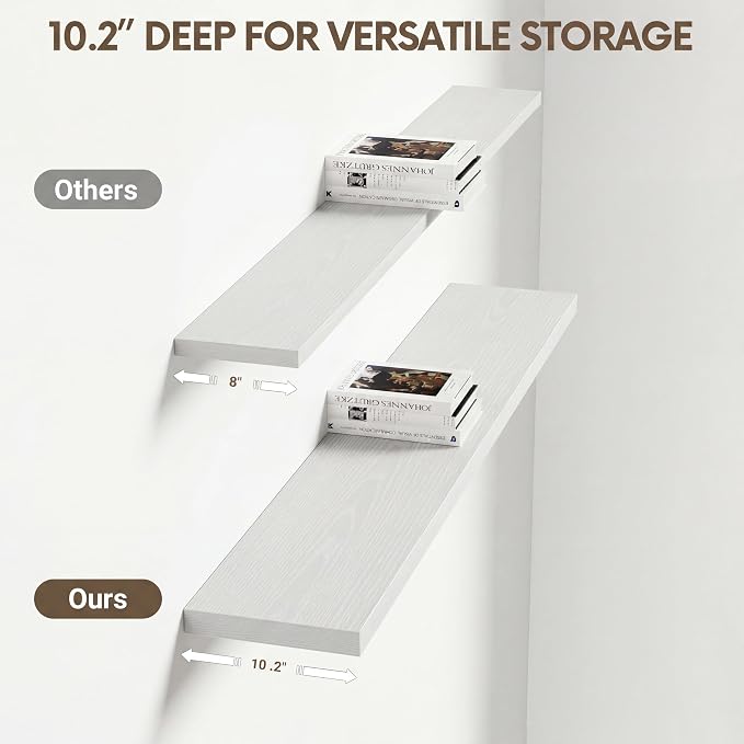 Vivelove 10 in Deep Floating Shelves for Wall, 40" x 10.2" x 1.5" Shelves for Room Wall Mounted, 1.5 Inch Thick Shelf for Bathroom Bedroom Kitchen Book Room, Modern Farmhouse Decor, Set of 2, White