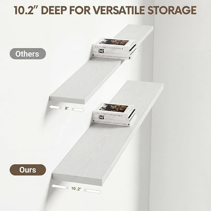 Vivelove 10 in Deep Floating Shelves for Wall, 40" x 10.2" x 1.5" Shelves for Room Wall Mounted, 1.5 Inch Thick Shelf for Bathroom Bedroom Kitchen Book Room, Modern Farmhouse Decor, Set of 2, White