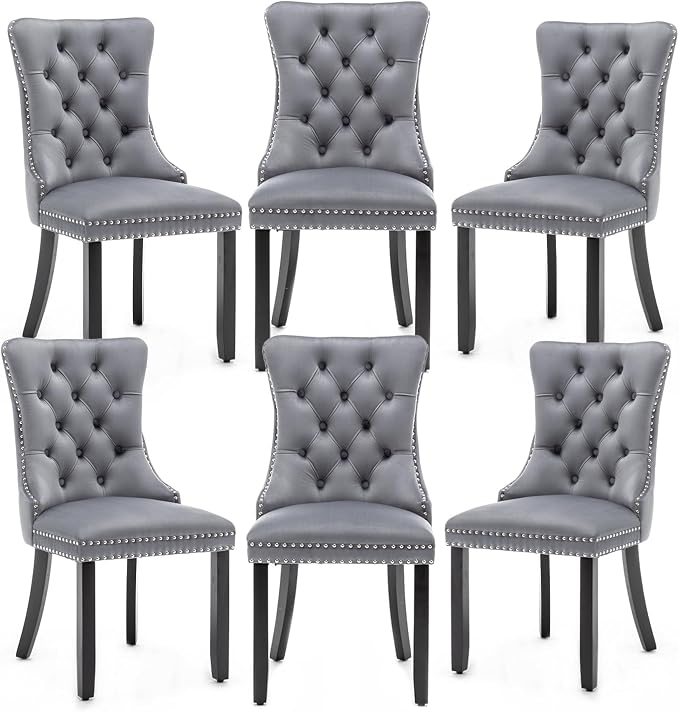 Hixkol Velvet Dining Chairs Set of 6,Upholstered Dining Chairs with Ring Pull Trim and Button Back,Modern Seating for Kitchen, Bedroom & Living Room(Grey)