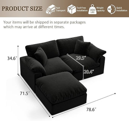 Modular Cloud Sofa,Convertible 3-Seater Set,Extra Deep Seat Down Filled Seat, Washable & Replaceable Cushion Covers for Living Room,Apartment,Black